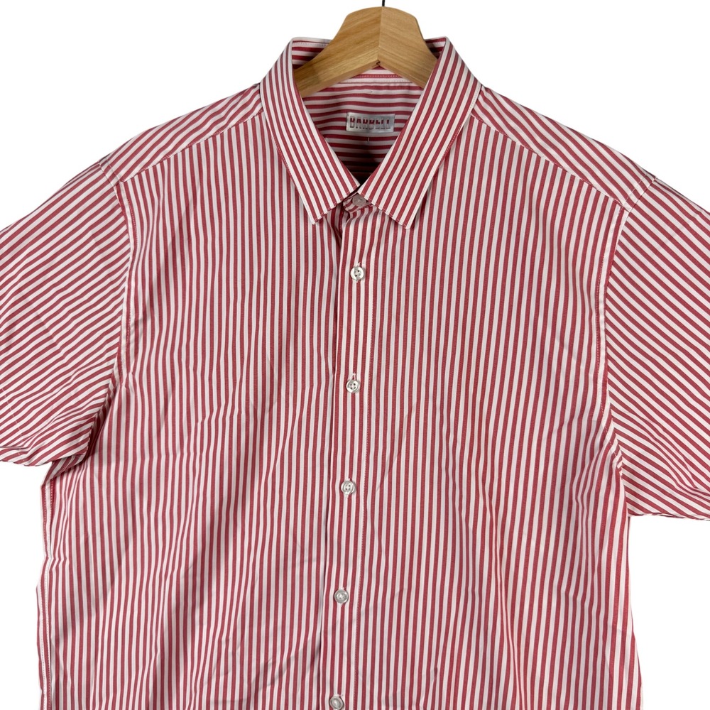 Barbell Apparel Mens Red White Striped Short Sleeve Athletic Fit Button Down L